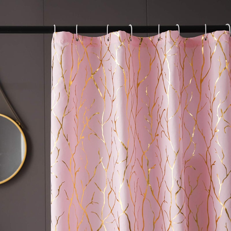 FINECITY Pink Shower Curtain - Metallic Gold Foil Branch Pattern Print Shower Curtain 72 Inch Long, Grommet Shower Curtain Set with 12 Hooks, 72 x 72 Inch, Pink and Gold - Image 2